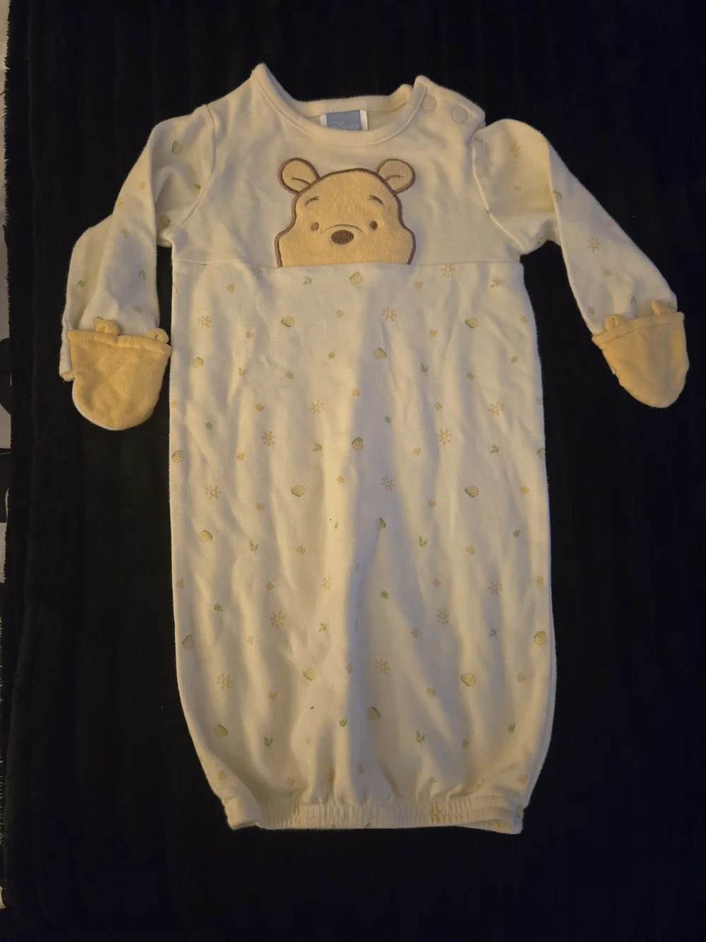 Disney Winnie the Pooh Infant Sleep Gown Sack Cream Yellow Mittens 0-3M EUC